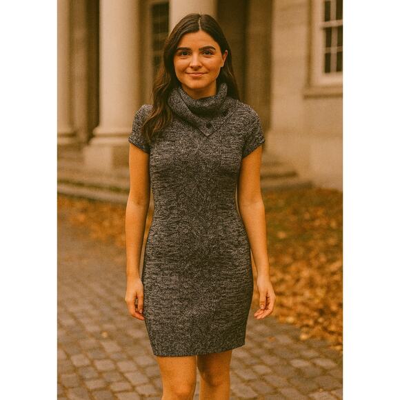 Calvin Klein Short Sleeve Cowl Neck Wool Blend Sweater Dress Medium Black Preppy - Picture 1 of 6